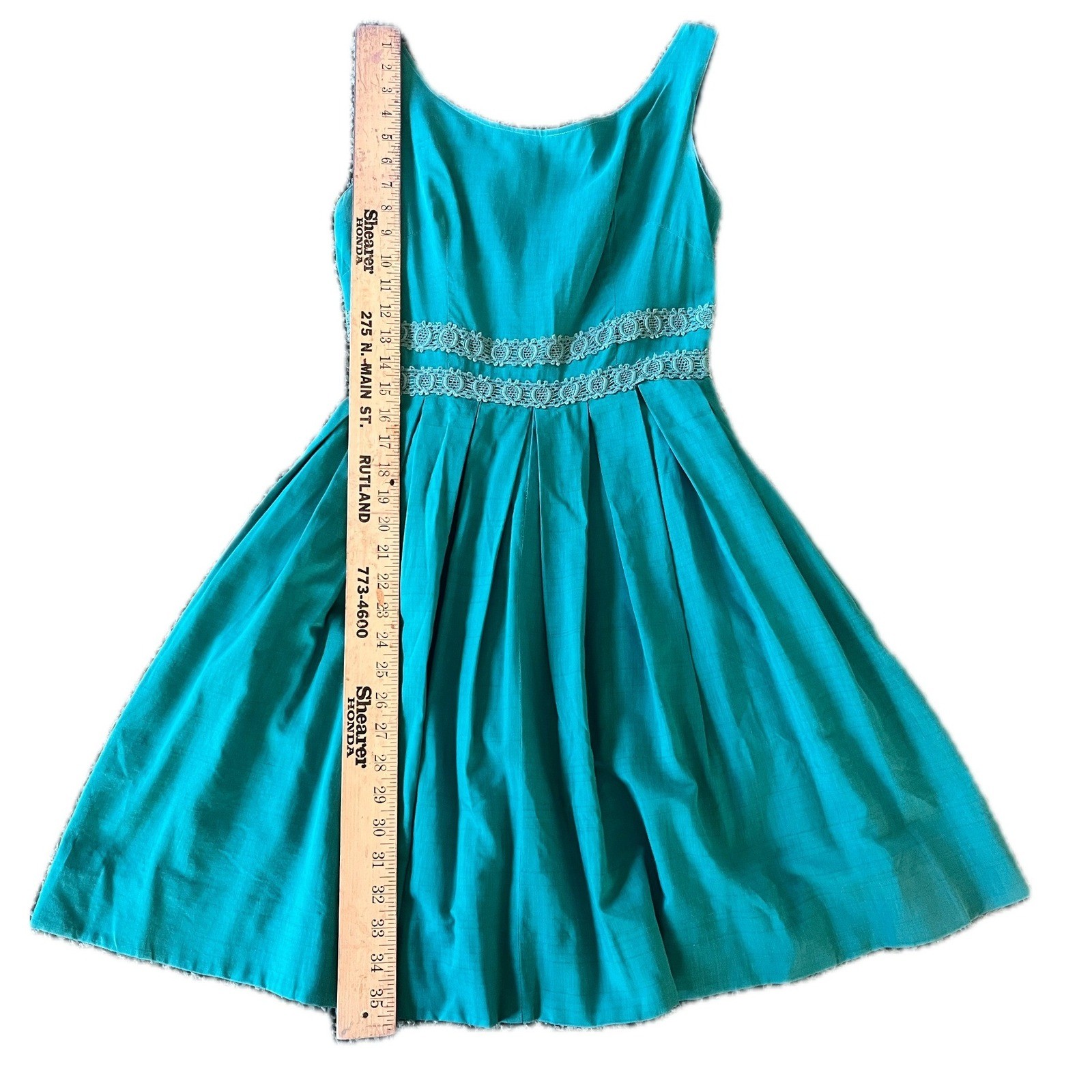 Vintage Teal Blue Pleated Fit Flare Dress Lace Waist Trim MCM 50s 60s Size S