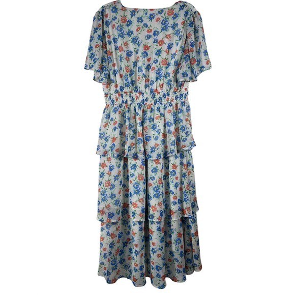 Draper James RSVP Floral Smocked Tiered Maxi Dress Ivory Blue Orange Large VGUC