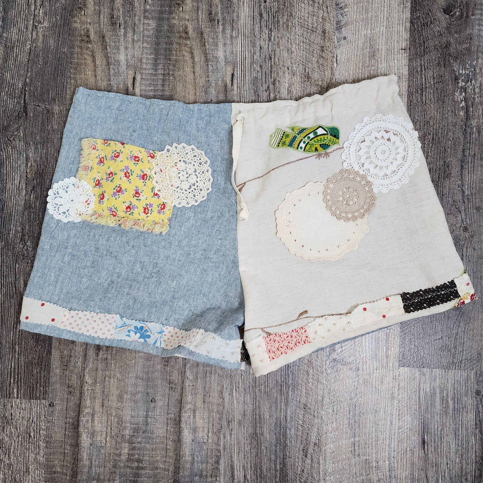One of a kind bird & chambray womens shorts. Vintage linens, crochet. S to M