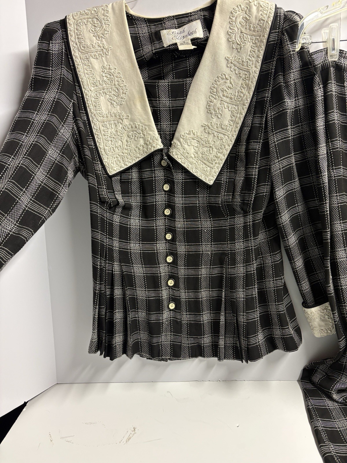 Vtg. Sarah Elizabeth Prairie 2pc Dress Embroidered Collar Sz.12 Rayon Blk& White