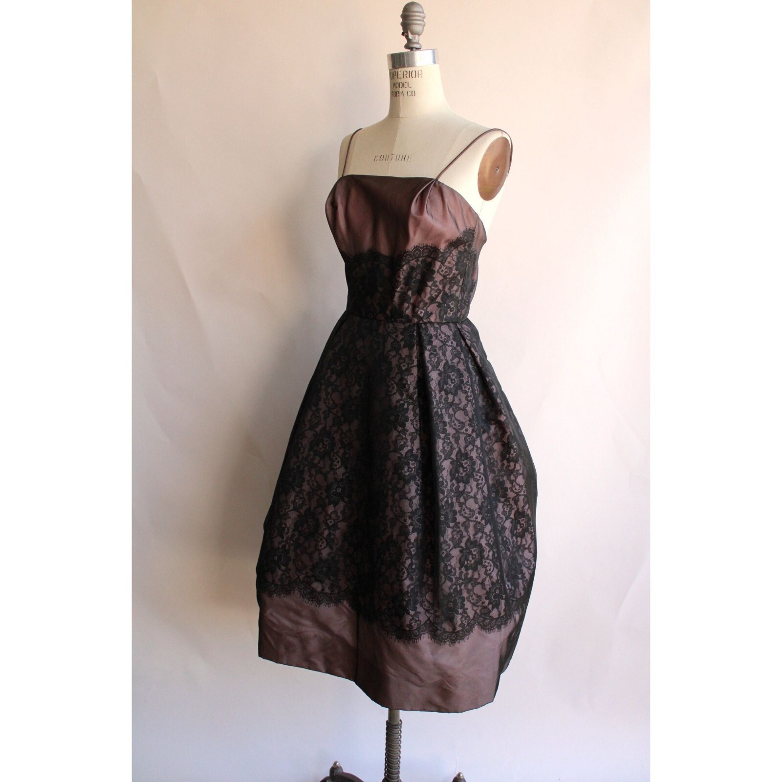 Vintage 1950s Dress, I Magnin Black and Pink Lace Fit and Flare, Extra Small