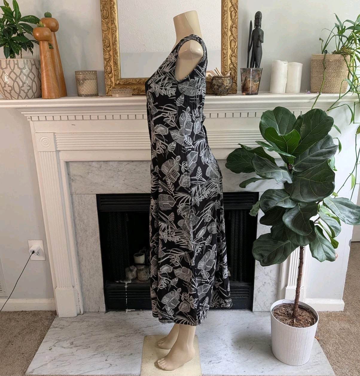 Vintage 90s Black Gray Graphic Shirtdress Size 8 Y2K Retro Tank Leaf Print