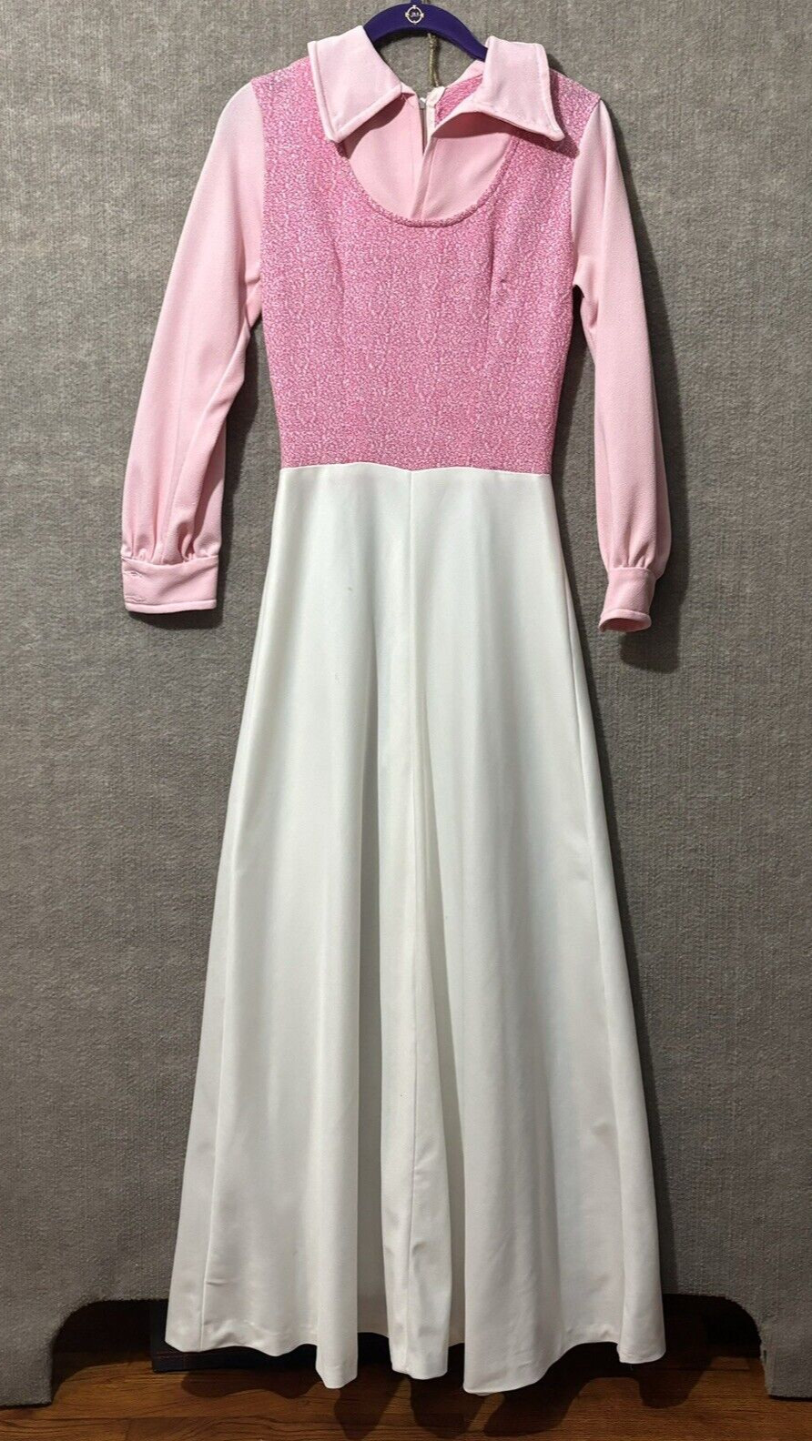 Vtg Maxi Dress Sz Small Handmade Pink White Princess Style Collar Long Sleeve