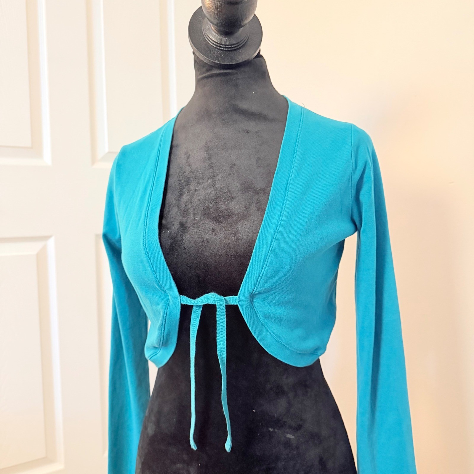Vintage TRF Tshirt Co Teal Babydoll Half Cropped Sweater Tie Front Y2K SZ M