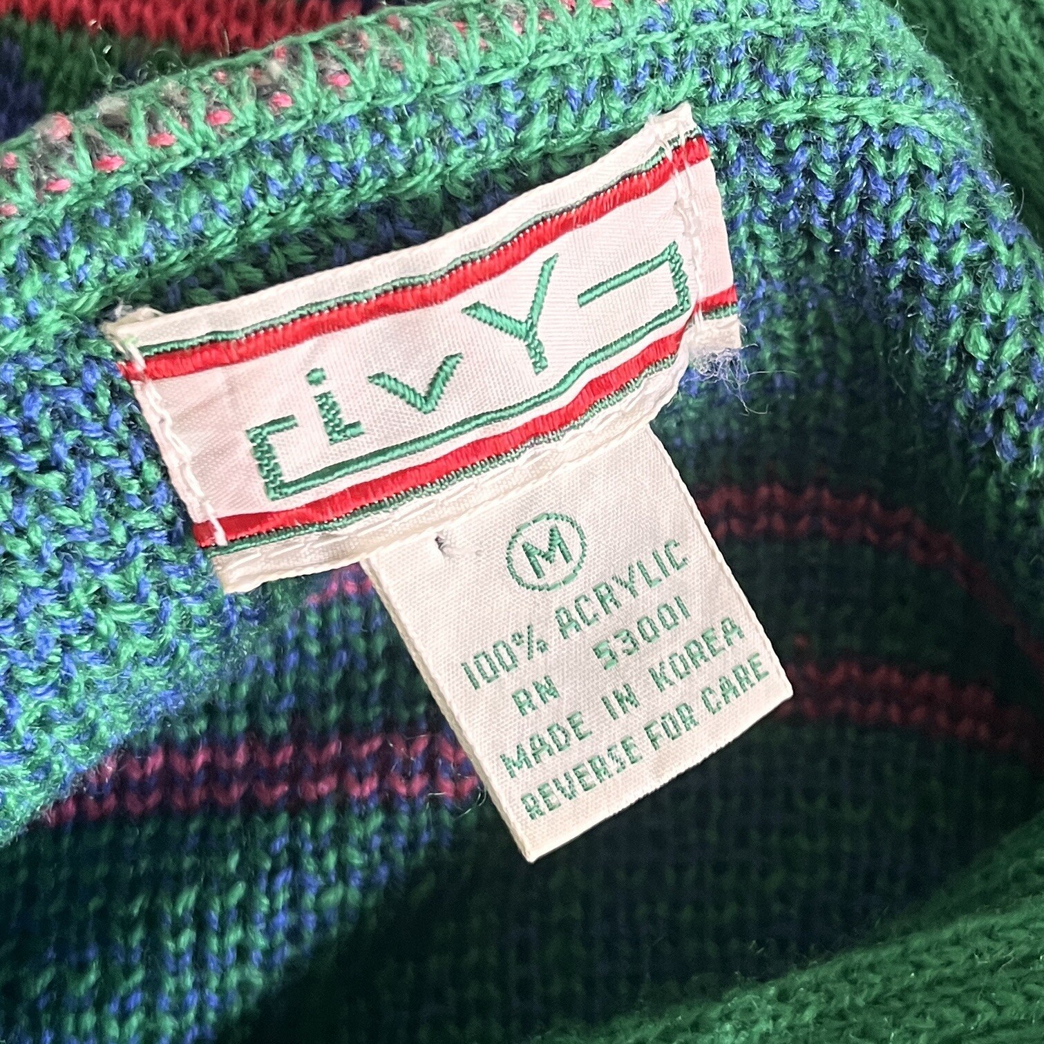 VTG 80s Colorful Sweater Sz M Ivy Label Acrylic GUC Blue Green Pink Funnel Neck