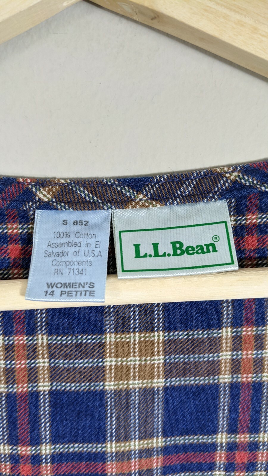 Vintage L.L. Bean Blue plaid Cotton Flannel Dress size M/L 1990’s 90s pockets