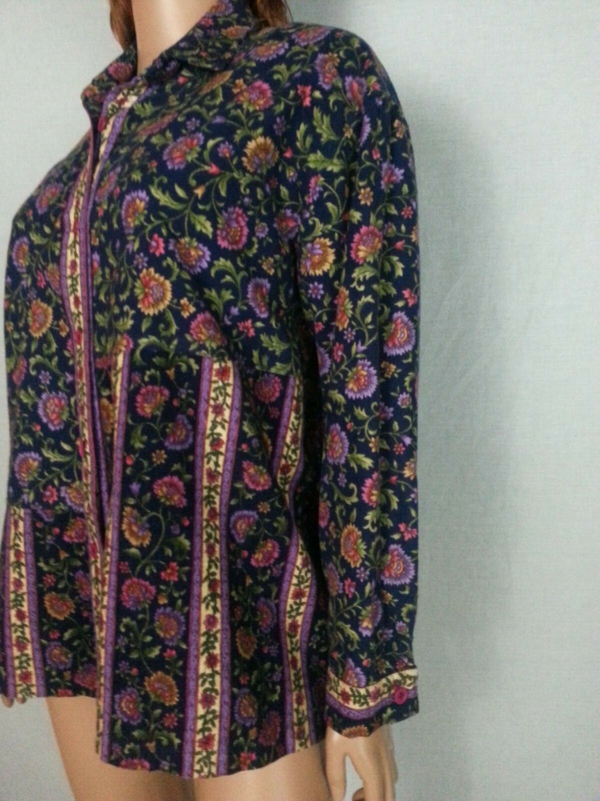 Vtg 70 80s Hand Made Blouse Top Button Down Blue Floral Long Sleeve Hippie L