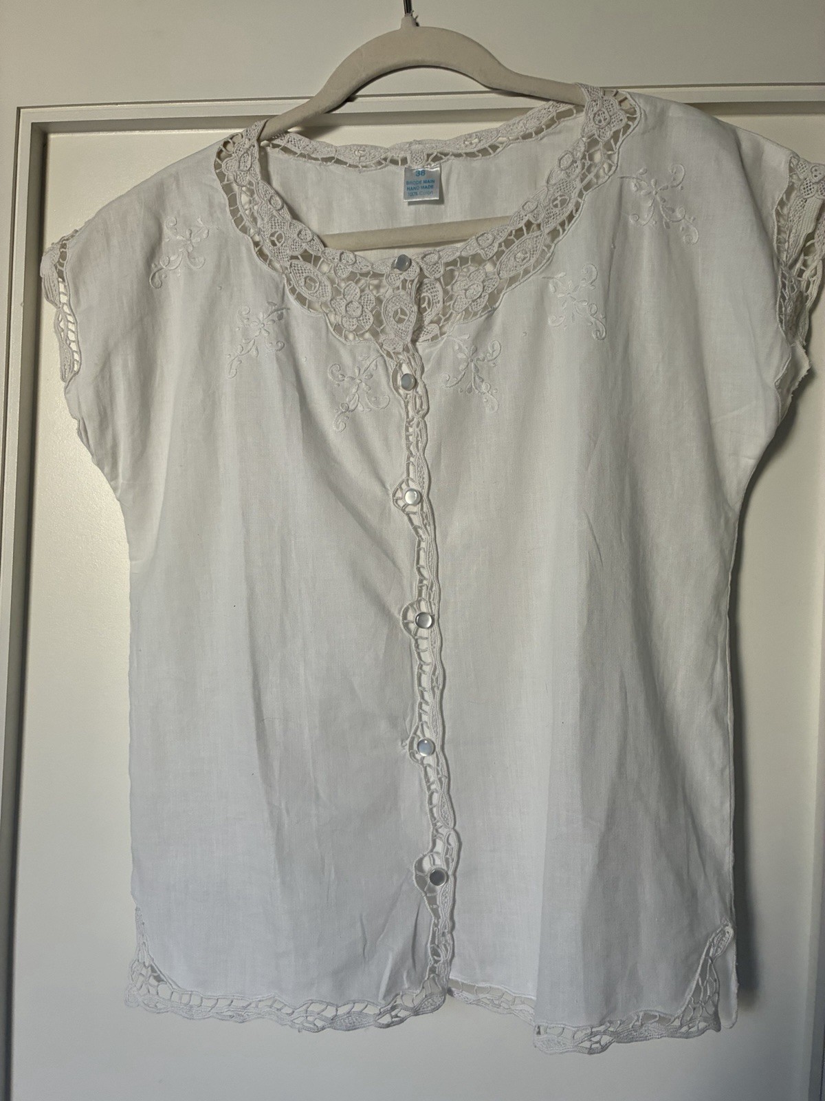 Vintage Handmade Cotton Blouse with Lace and Embroidery