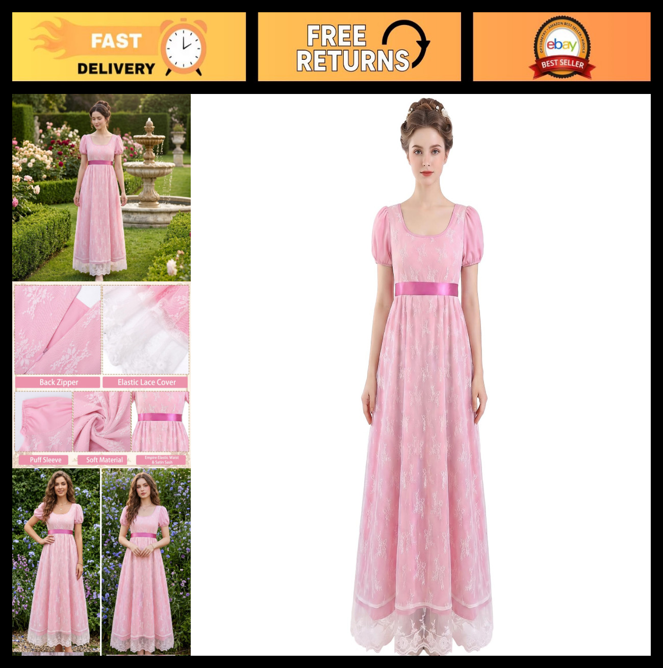 Vintage Victorian Lace Ruffled Puff Sleeve Dress, Double Layer Empire Waist Gown