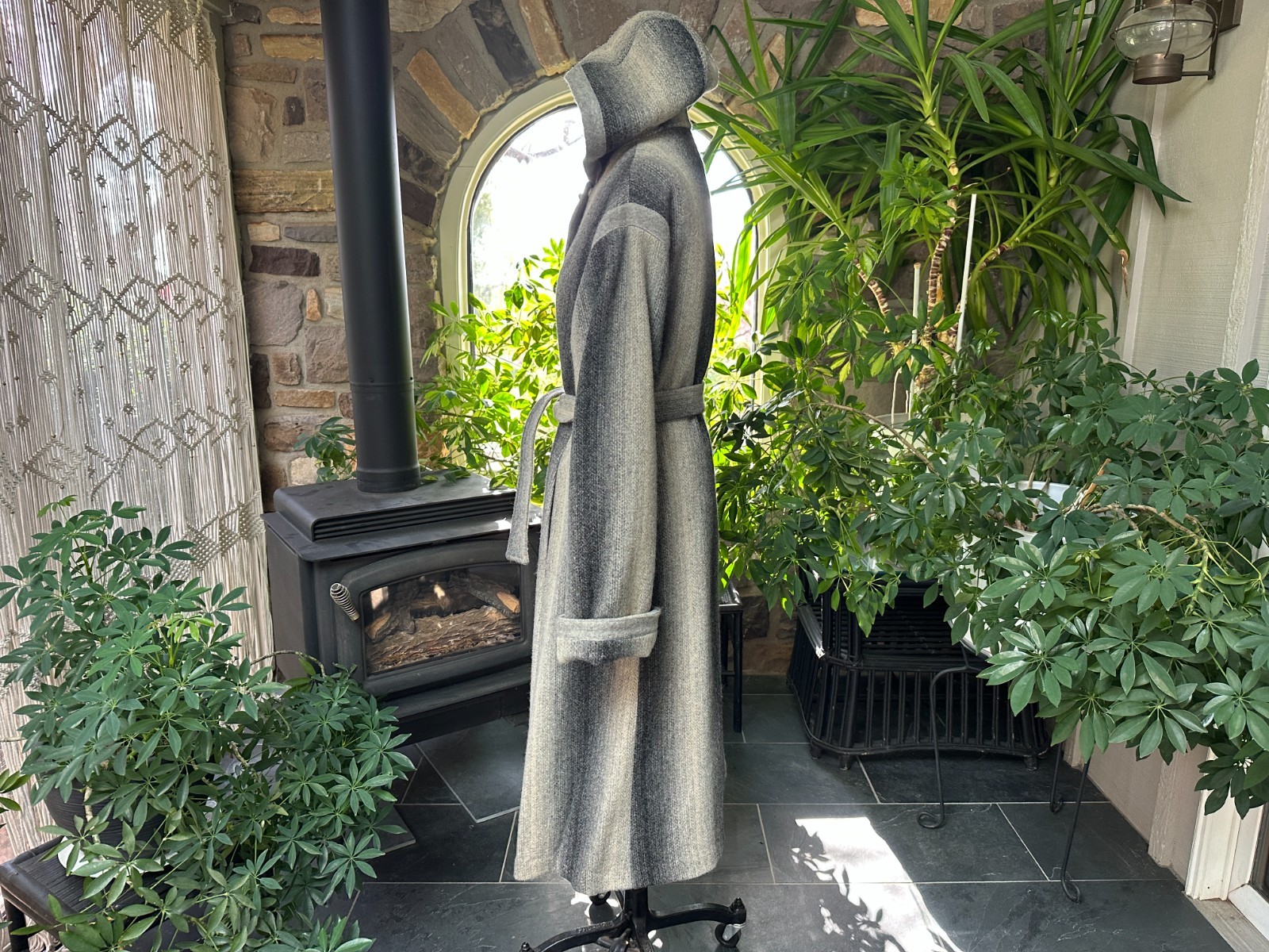 Vintage 1970s Variegated Gray Striped Wool Belted Hooded Coat Casa de Lana