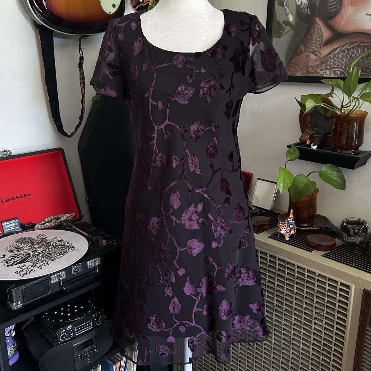 Whimsical Jones New York Black & Purple Floral Dress With Sheer Sleeves