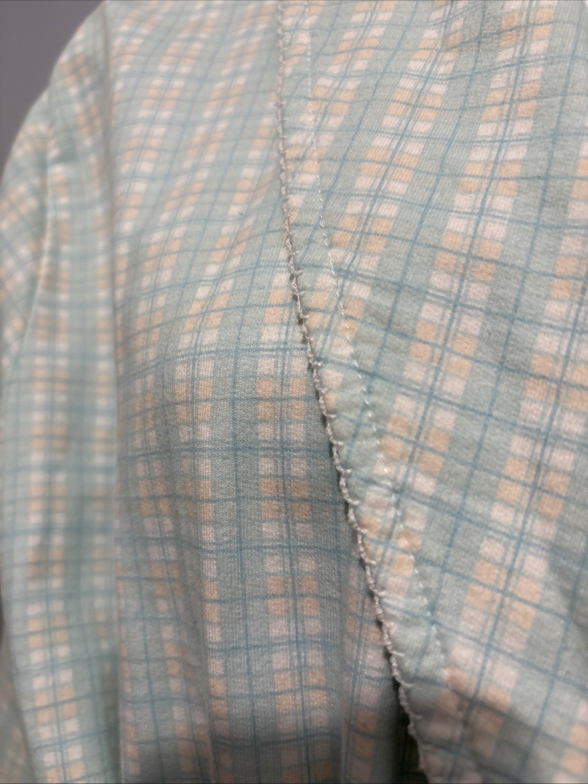 VTG Blue Tan Plaid Robe Collar Pockets Belt Eyelet Trim Miss Elaine Sz L