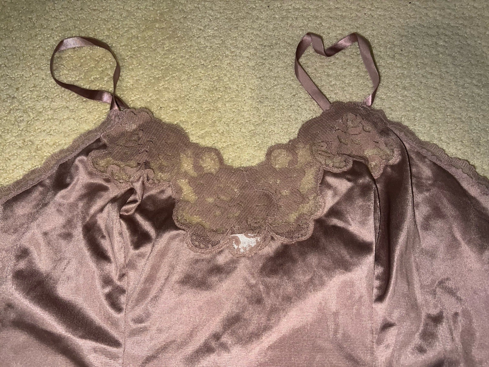 Vtg 80s JCPenney Applause Camisole Skirt Set Brown Nude Satin Lace Lingerie XS S