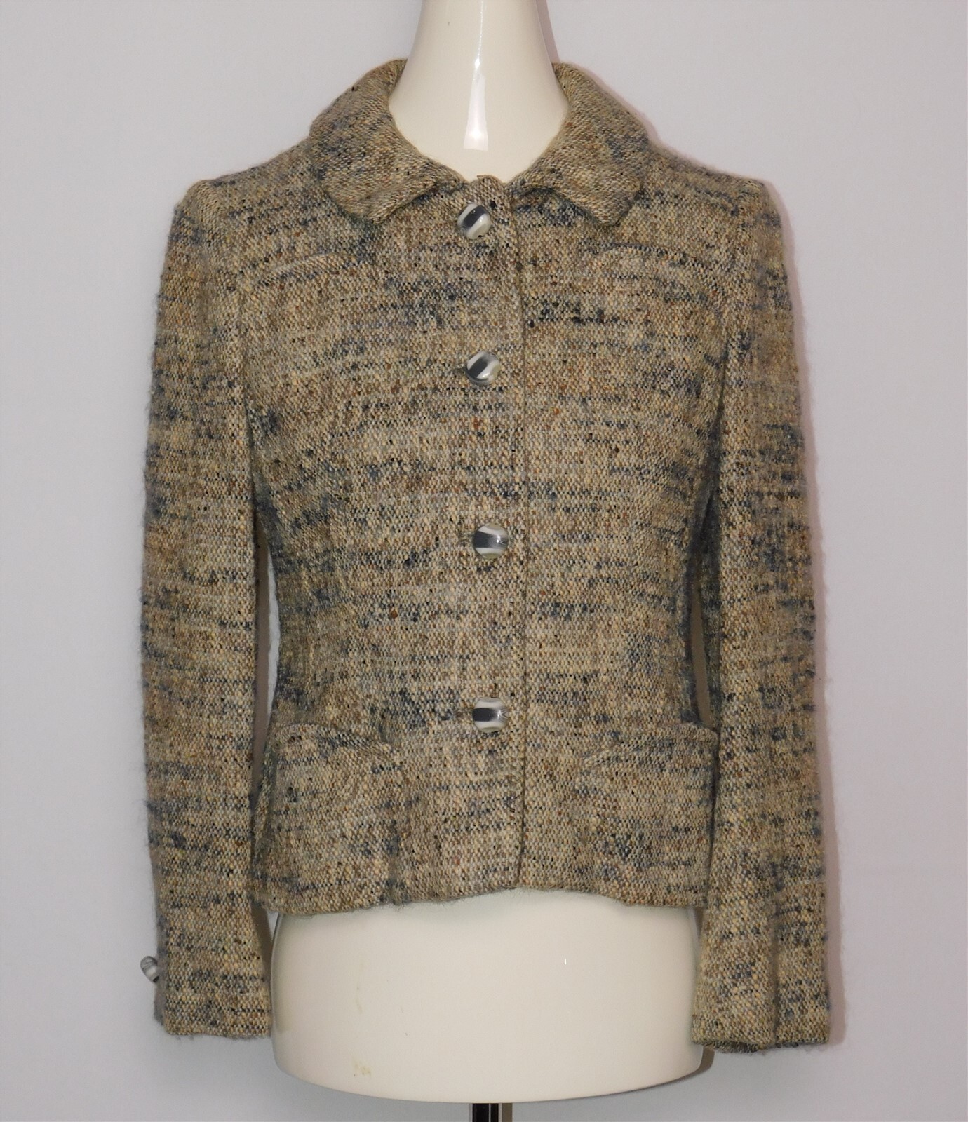Vtg Martha West DAVIDOW Women’s Beige Brown Wool Plaid Tweed Suit Jacket