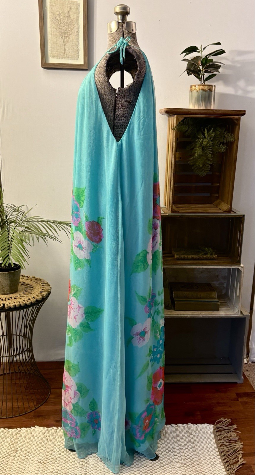 VTG Caroline Charles London 100% Silk Maxi Dress M/L 8-12 Sheer Floral Overlay