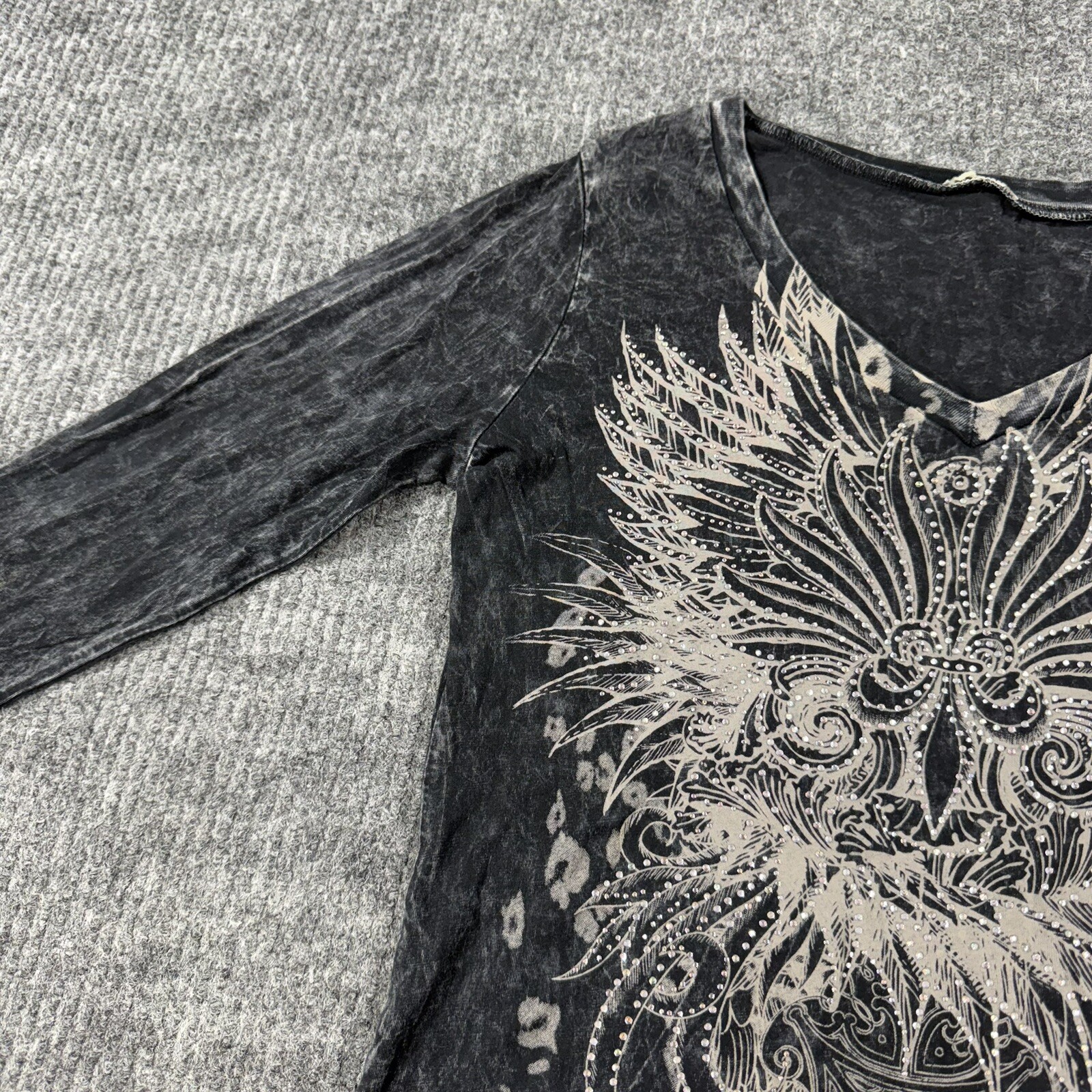 VTG Y2K Women’s Sexy Affliction Style Black Wings Cyber Goth Beaded Shirt Large