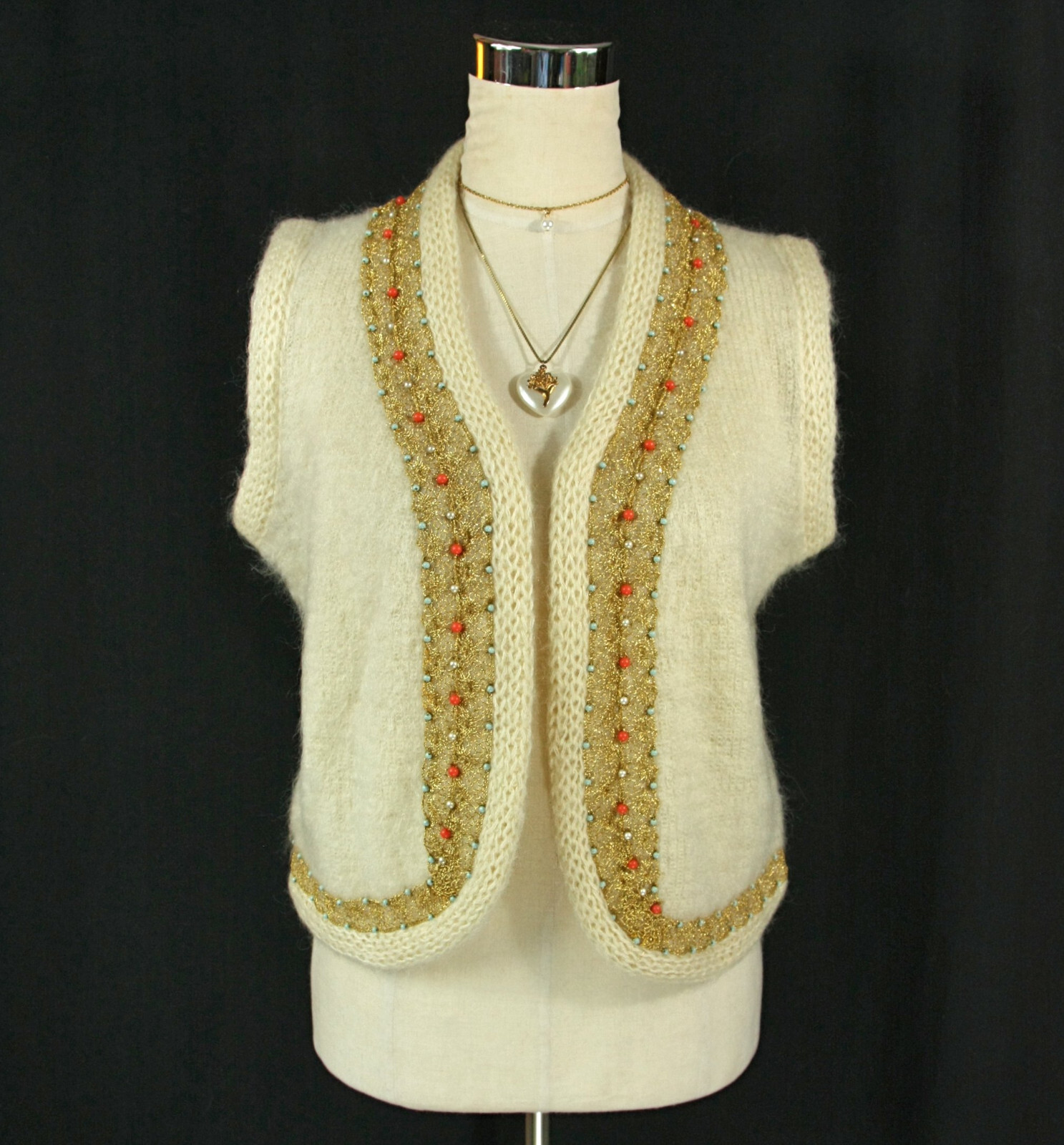 Vintage Jane Irwill Beaded Gold Trim Cardigan Sweater Vest White Ivory 1960s S M