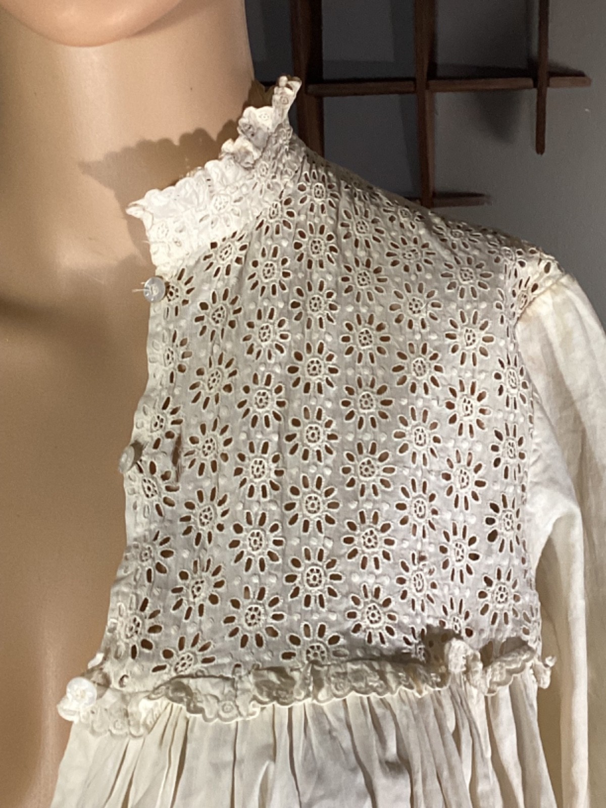 Antique Victorian Edwardian Cotton Eyelet Lace Long Nightgown Glass Buttons