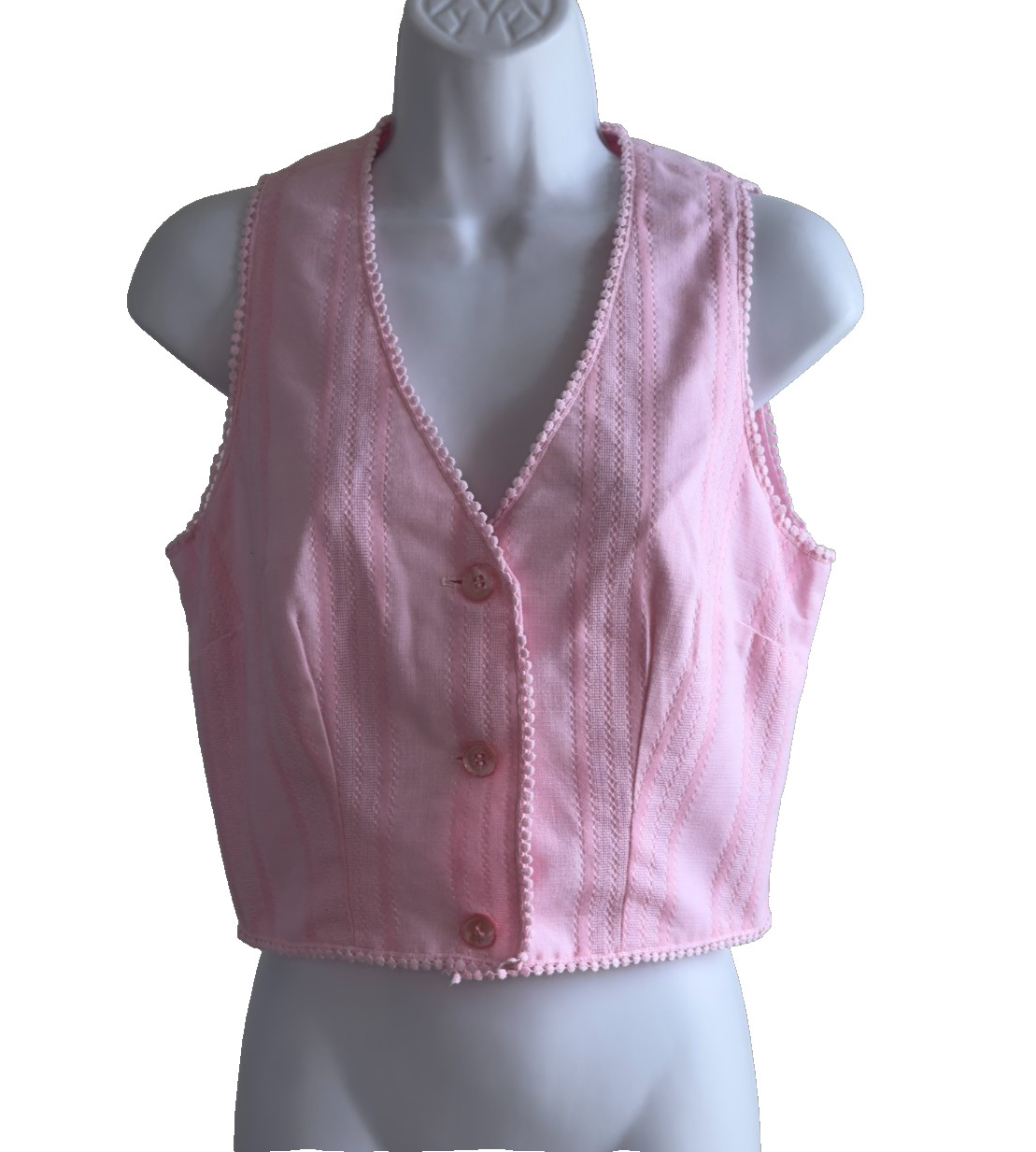 Vtg 1970s Country Set Women’s Sz Small Pink Button Up Vest Lined Pom Pom Trim