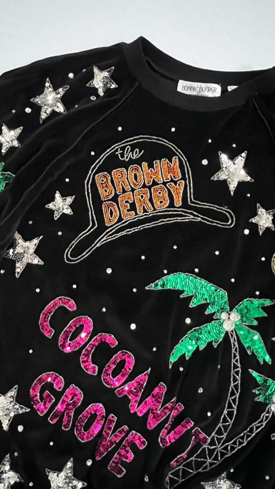 BONNIE BOERER BROWN DERBY COCOANUT GROVE WOMENS BLACK VELVET SEQUINS SWEATER S