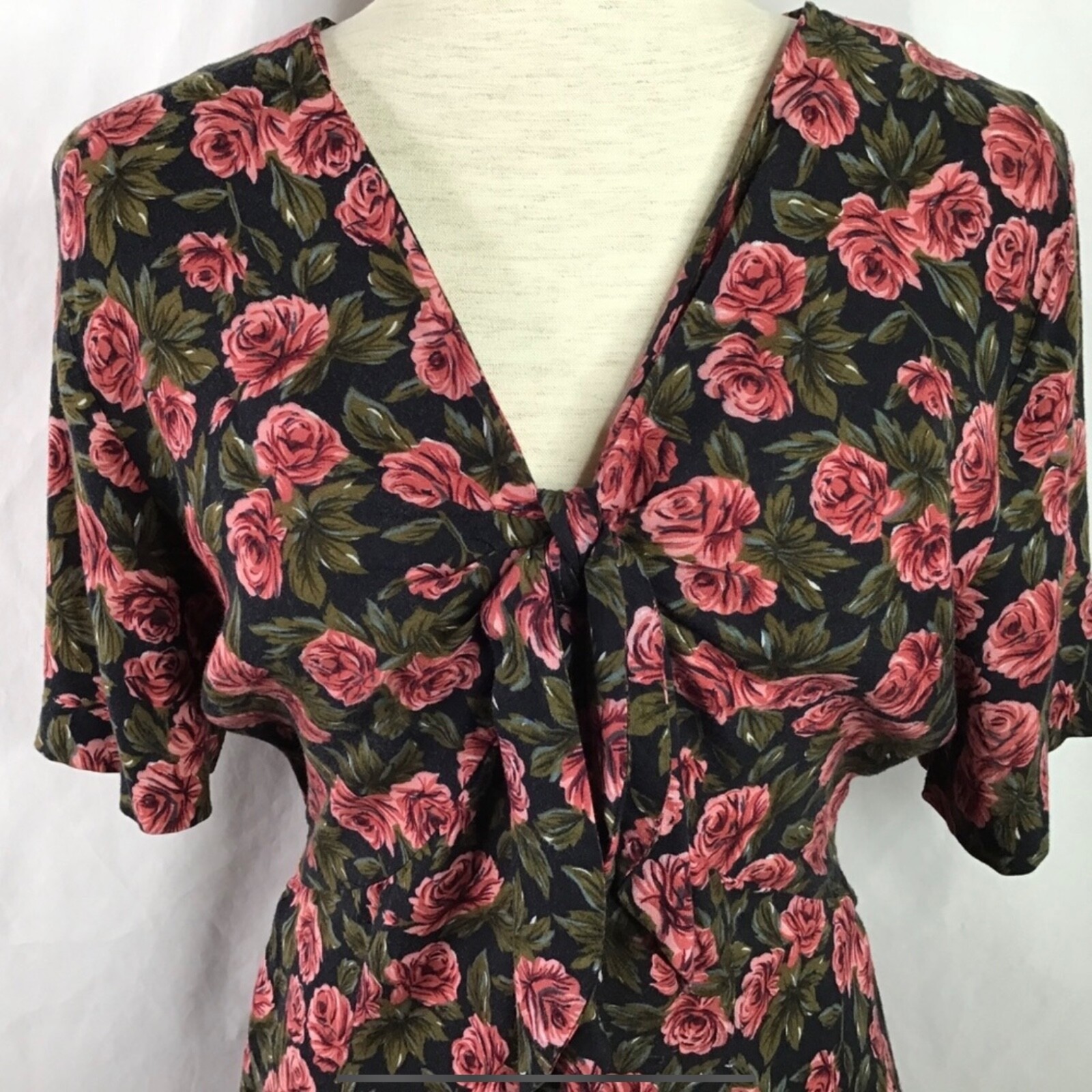 Vintage Y2K Floral Dress Size 12 Mini Rose Tie Front Black Pink Green 1990s
