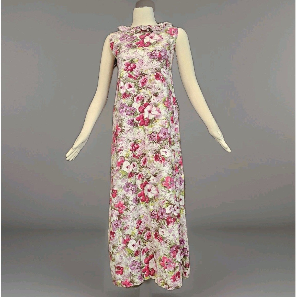 Vintage 1970s Dress Maxi Floor Length Floral Pink Green Ruffle Neck Sleeveless