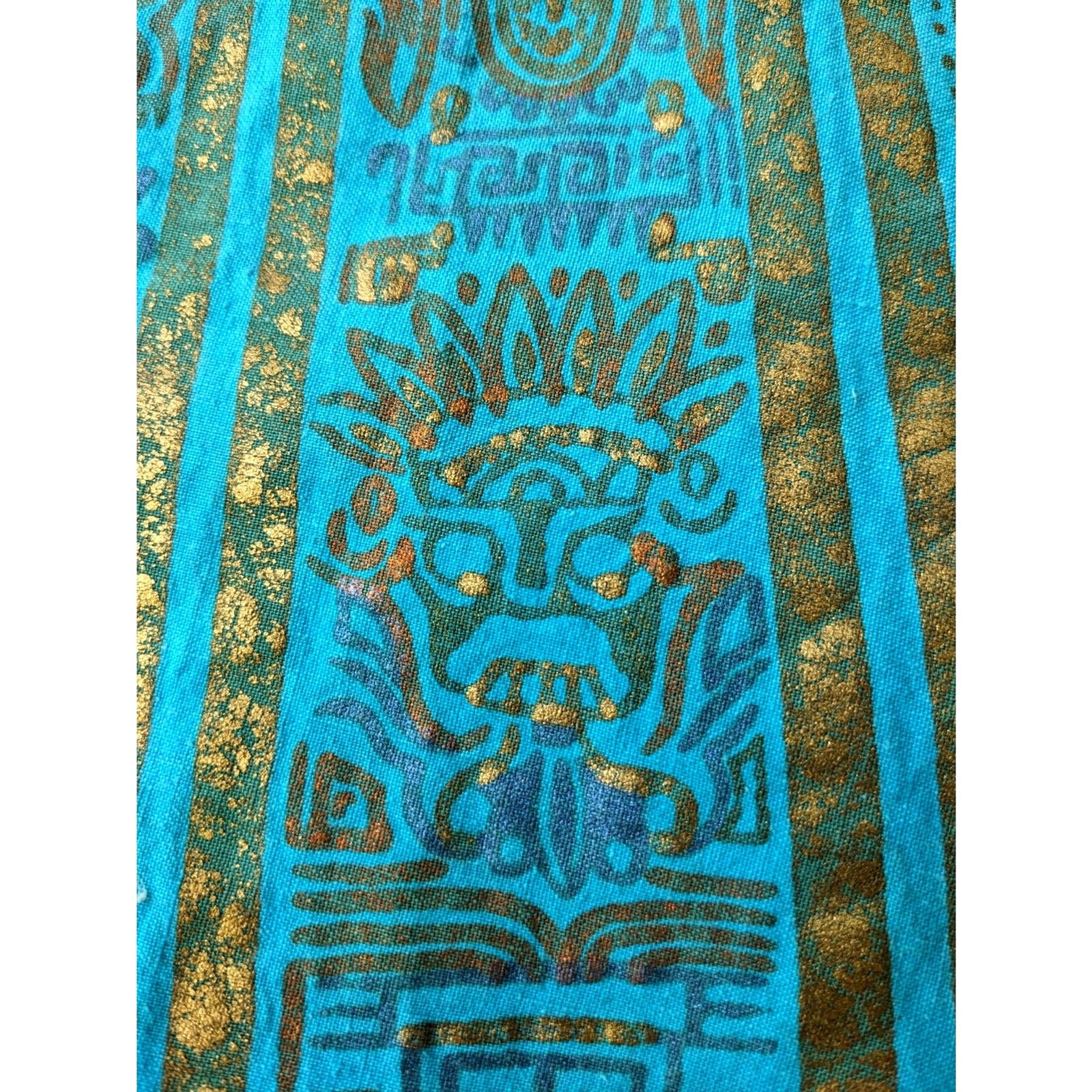1950s MAYA de MEXICO Mayan Hieroglyph Hand Painted Aqua/Gold Circle Skirt sz. XS