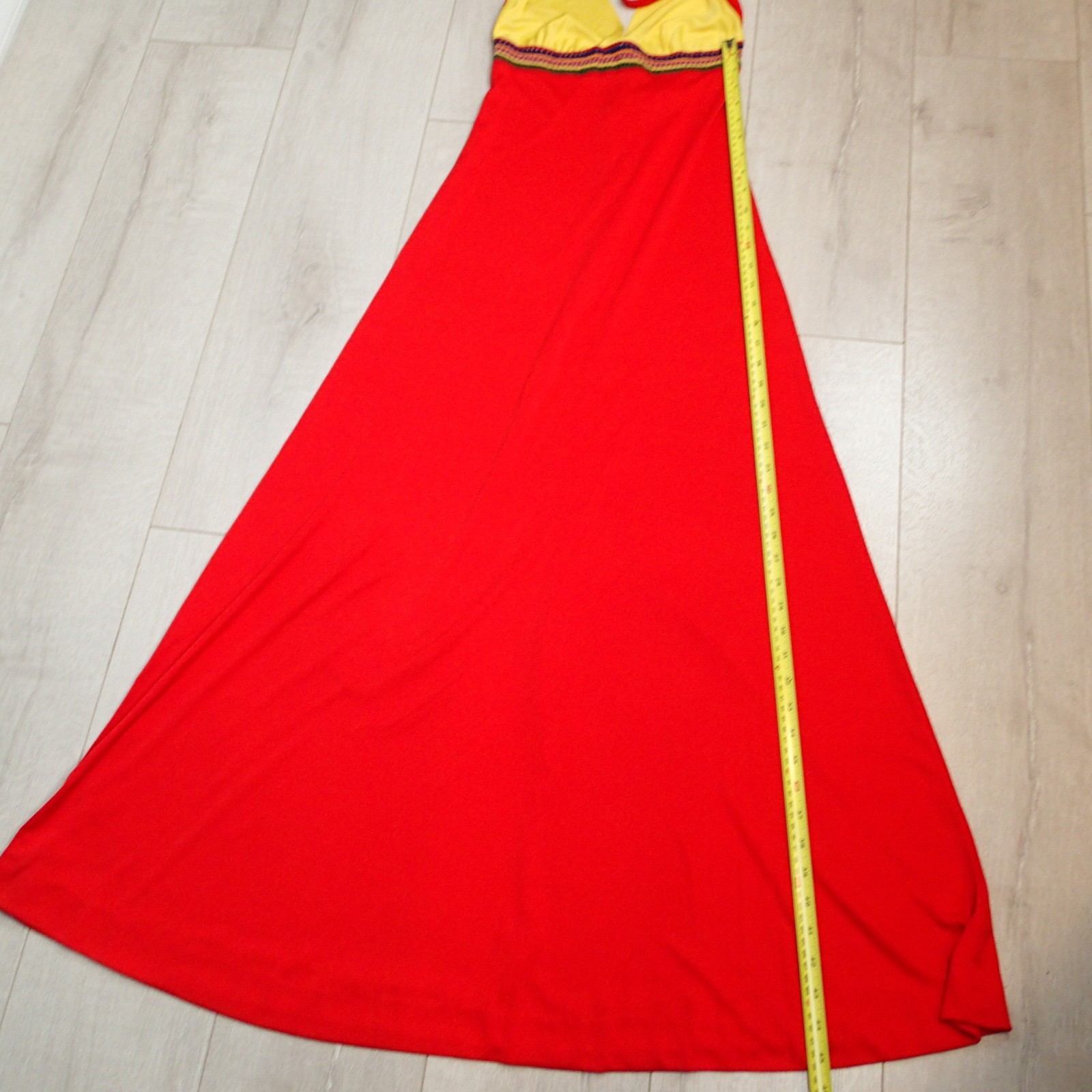 70s Joy Stevens California Halter Dress red yellow Maxi crochet boho sz 5/6