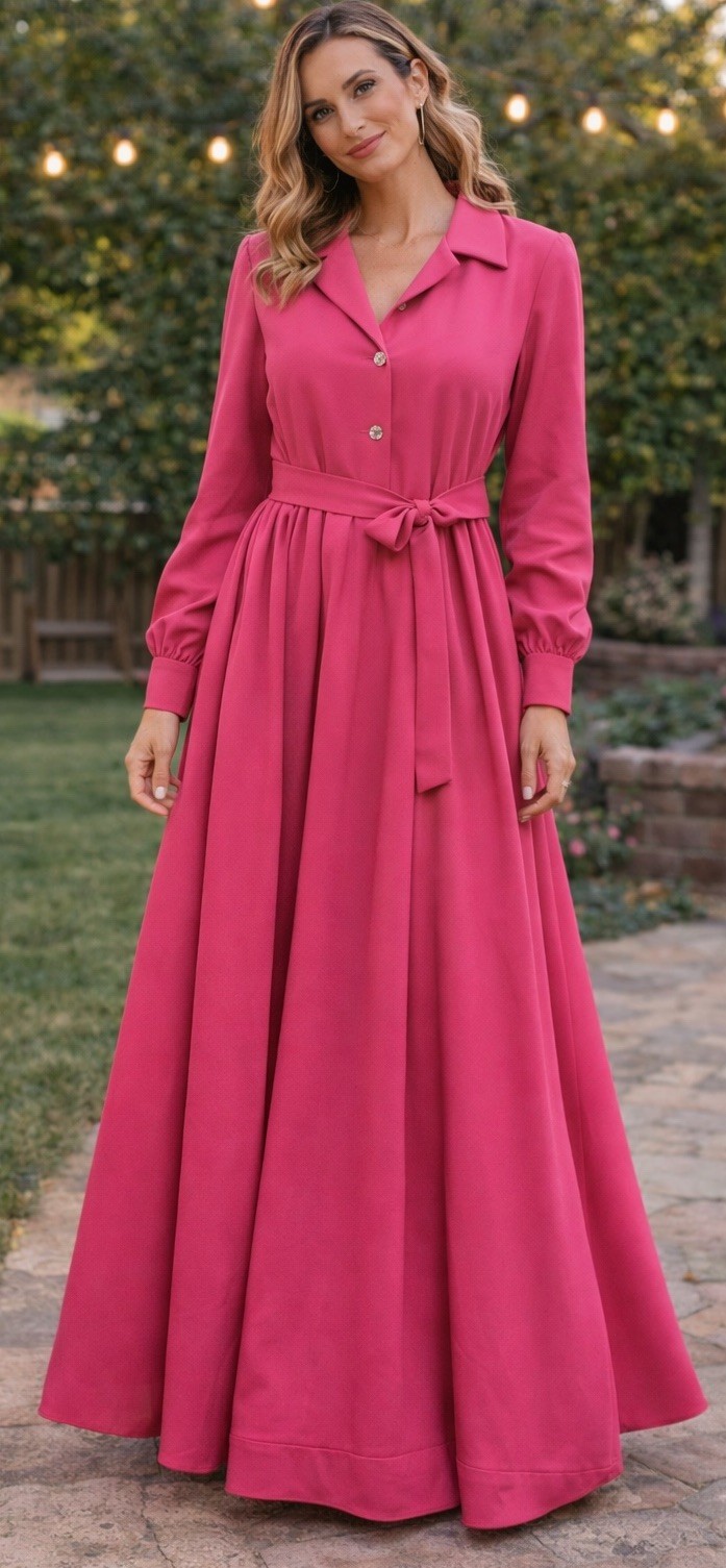 Vintage Floor Length Pink Maxi Dress With Belt Rhinestone Buttons Lined Nice