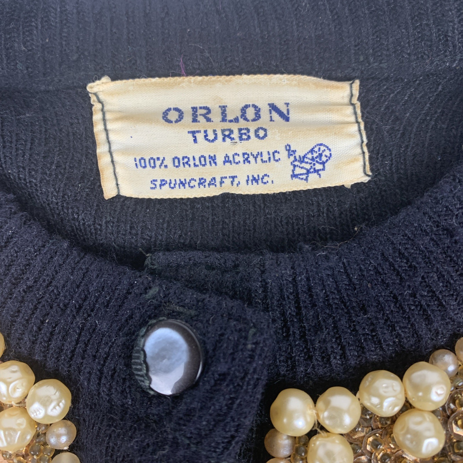 1960’s Orlon Turbo By Spuncraft Inc Black Sweater Gold Sequins, Small Sparkly
