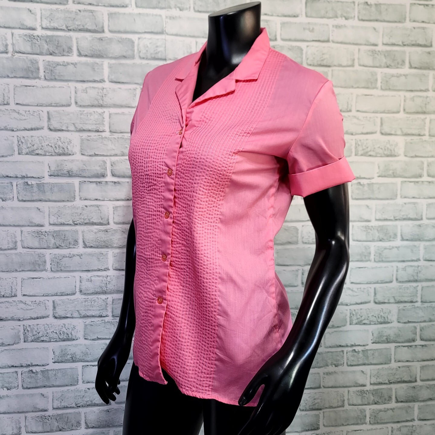 Vintage 70s 80s Lady Diplomat Womens 6 Pink Pintucked Short Sleeve Button Front