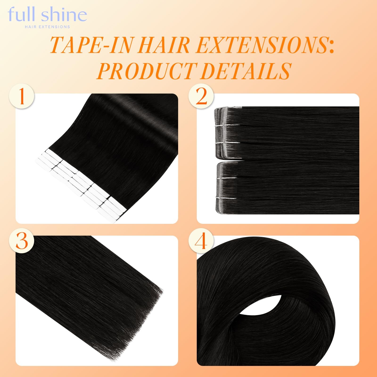 Full Shine Invisible Tape in Hair Extensions Color 1B Human HairInvisi Edge Inje