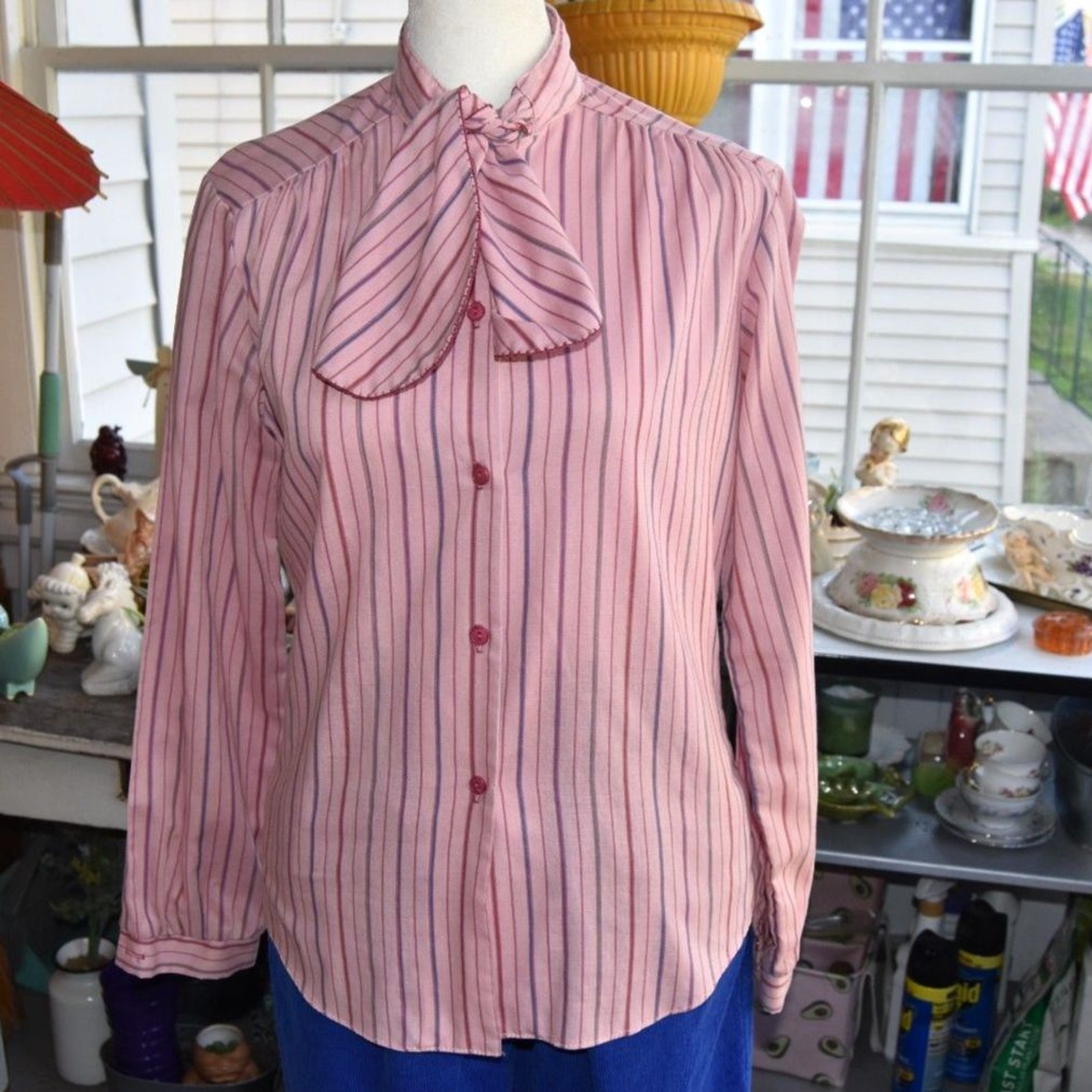 Vintage 70s Sweet Apple Pussy Bow Blouse Pink Striped Secretary Top Small