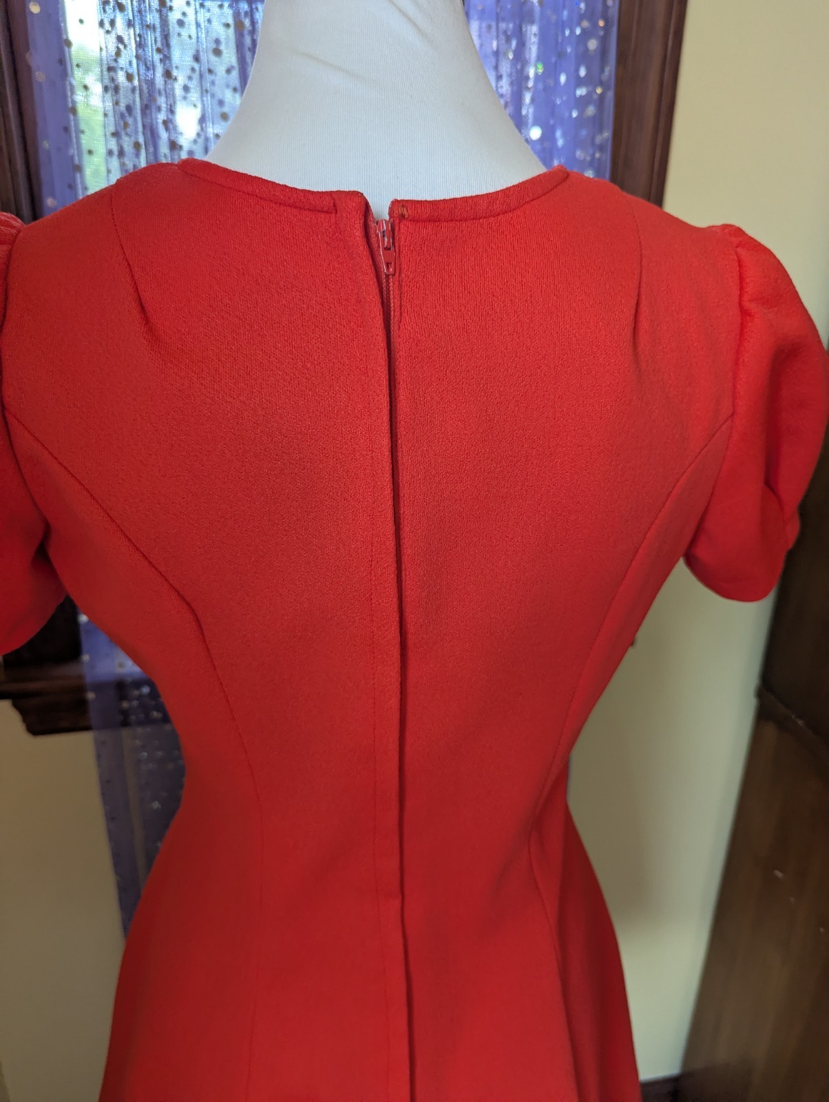 Vintage 70’s Lace Up Polyester Puff Sleeve Babydoll Mini Red Dress Size Small