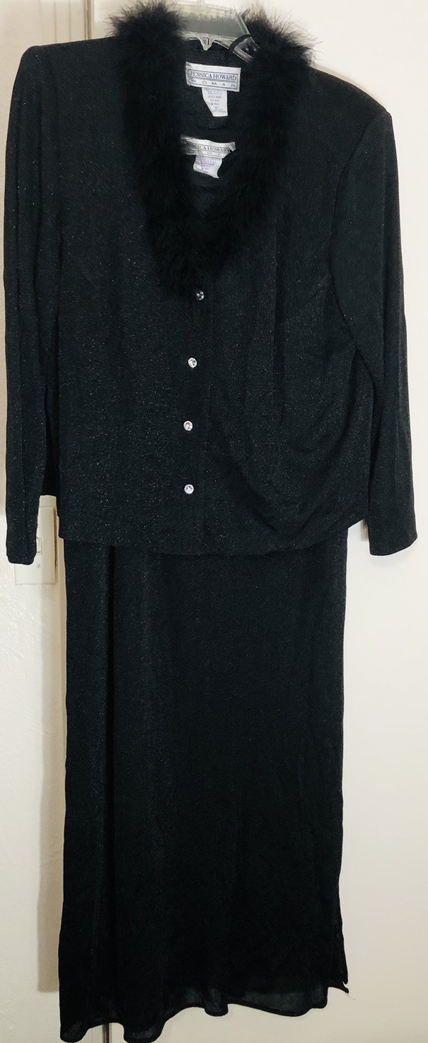 Vintage Jessica Howard Woman Dress W/Sweater Feather Trimmed, Crystal Buttons