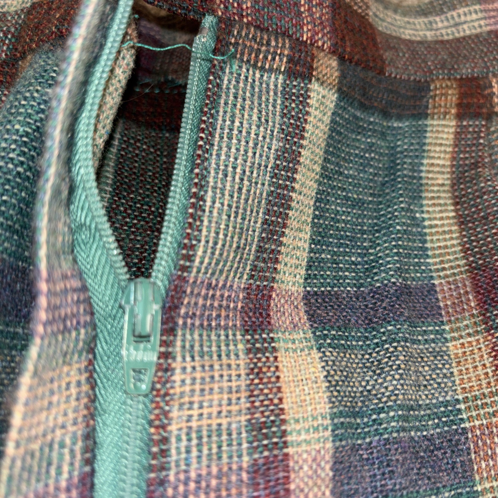 Vintage 1950s Handmade Plaid A-Line Midi Skirt Robin Zipper Teal Burgundy 27W