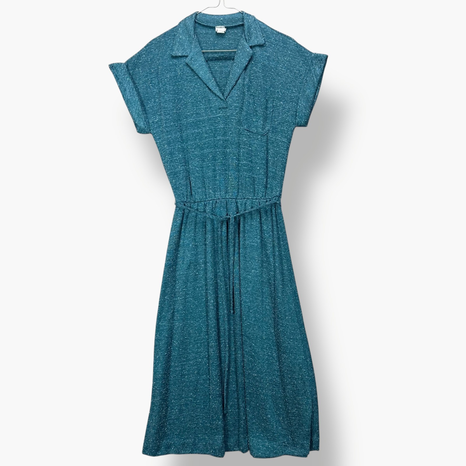 Vintage Dress Womens 13 Blue 70s 60s Short Sleeve Collared Elastic Waist Belted