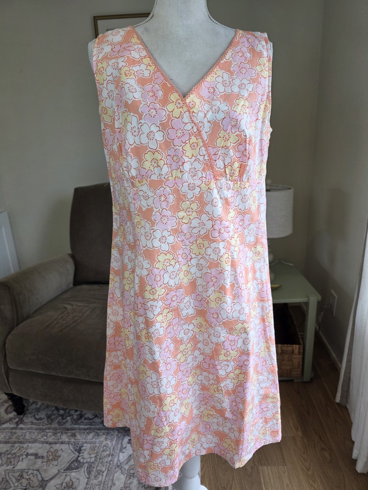 Vintage Y2K Floral Mini Dress 100% Cotton Size 12 Sleeveless Faded Glory Pink