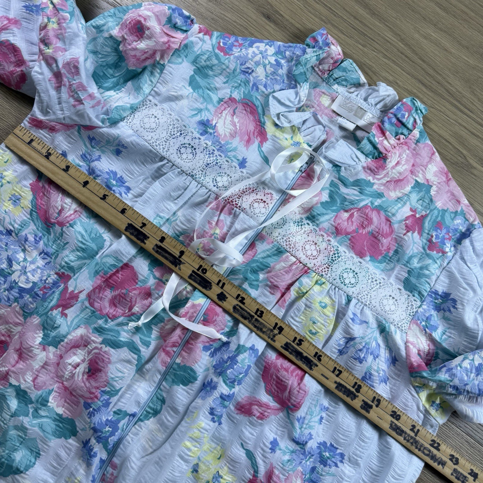 Vintage Ashley Ames Nightgown Medium Floral Ruffle Lace Front Zip Maxi USA