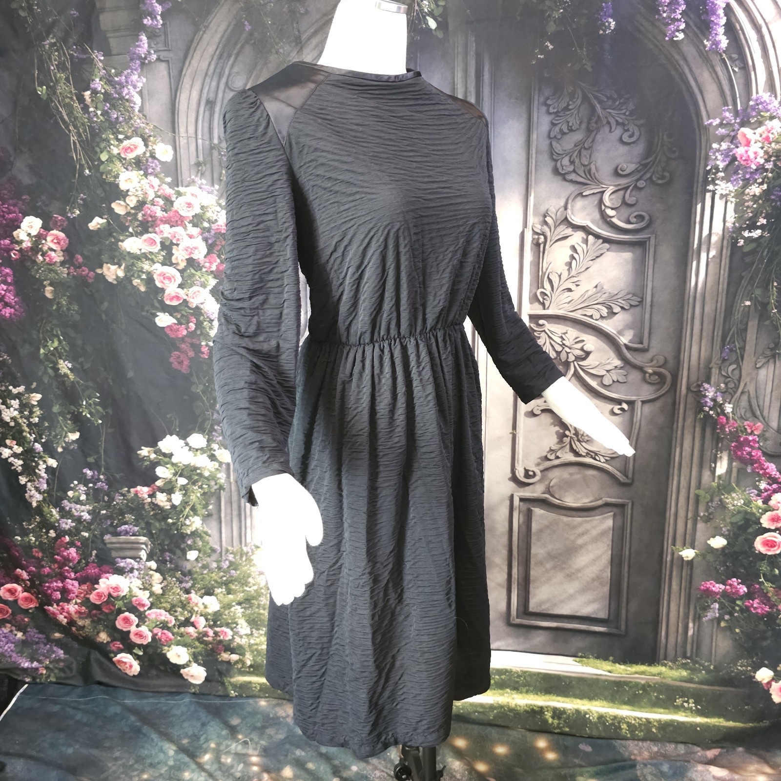 Vintage 1970s Black Dress Textured Fabric Satin Shoulders Long Sleeves
