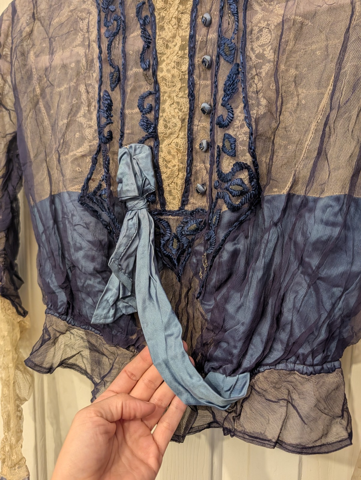 Antique Edwardian Cream Lace Blue Satin XS Women’s Blouse Handmade Bow Details