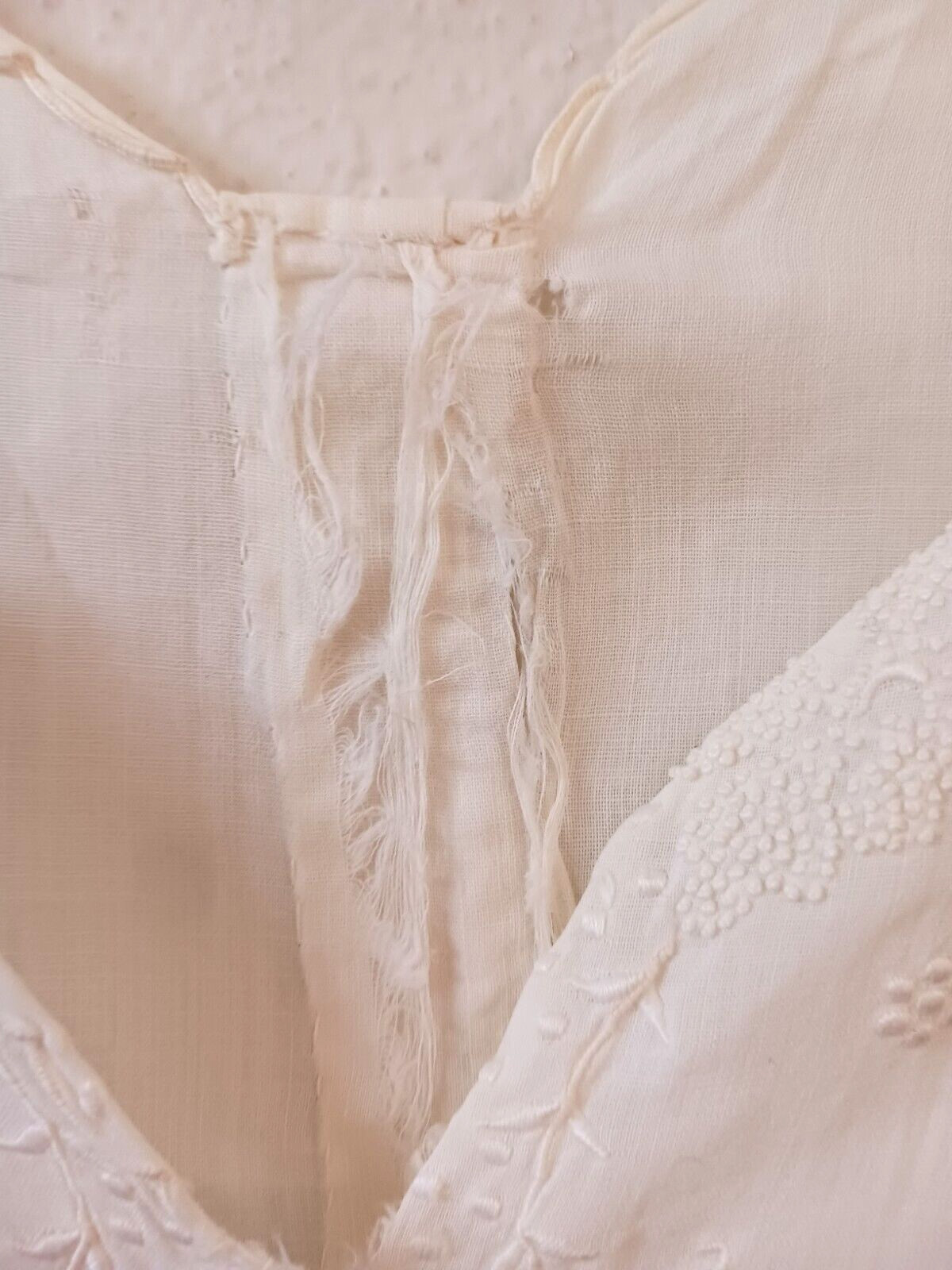 Antique Edwardian Long White Cotton Shift or Under Dress 44″ Embroidered FLAWS
