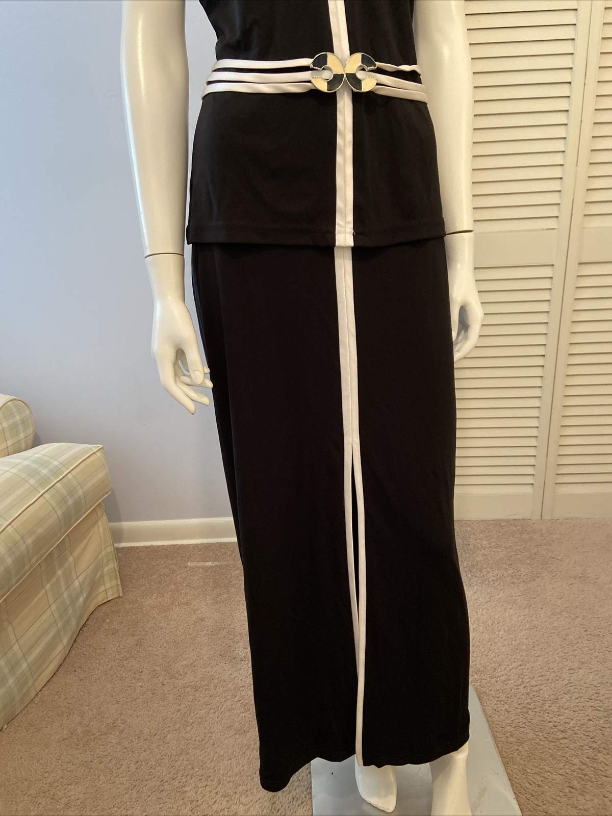 Vtg CHIC JOSEPH RIBKOFF 2 PC Halter Top Skirt Black With White Trim Slit Sz 10