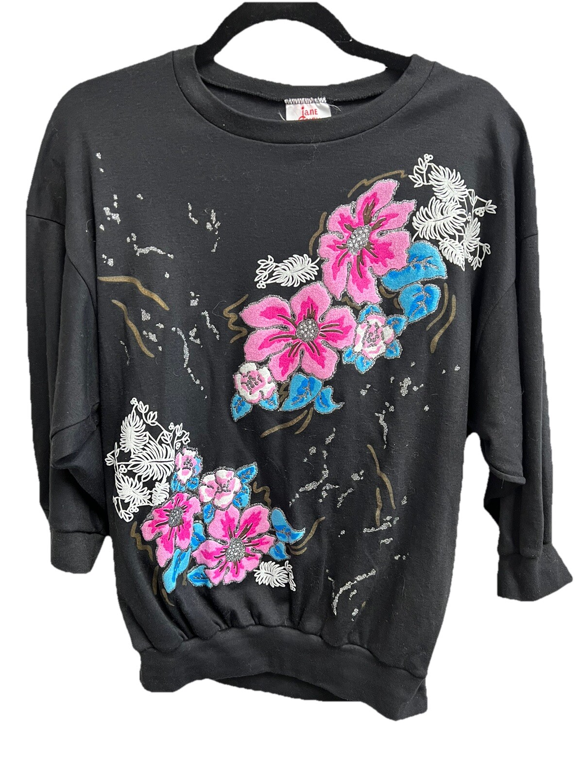 Vintage 80’s AMAZING black Batwing Sweatshirt Blouse Floral Metallic M Art