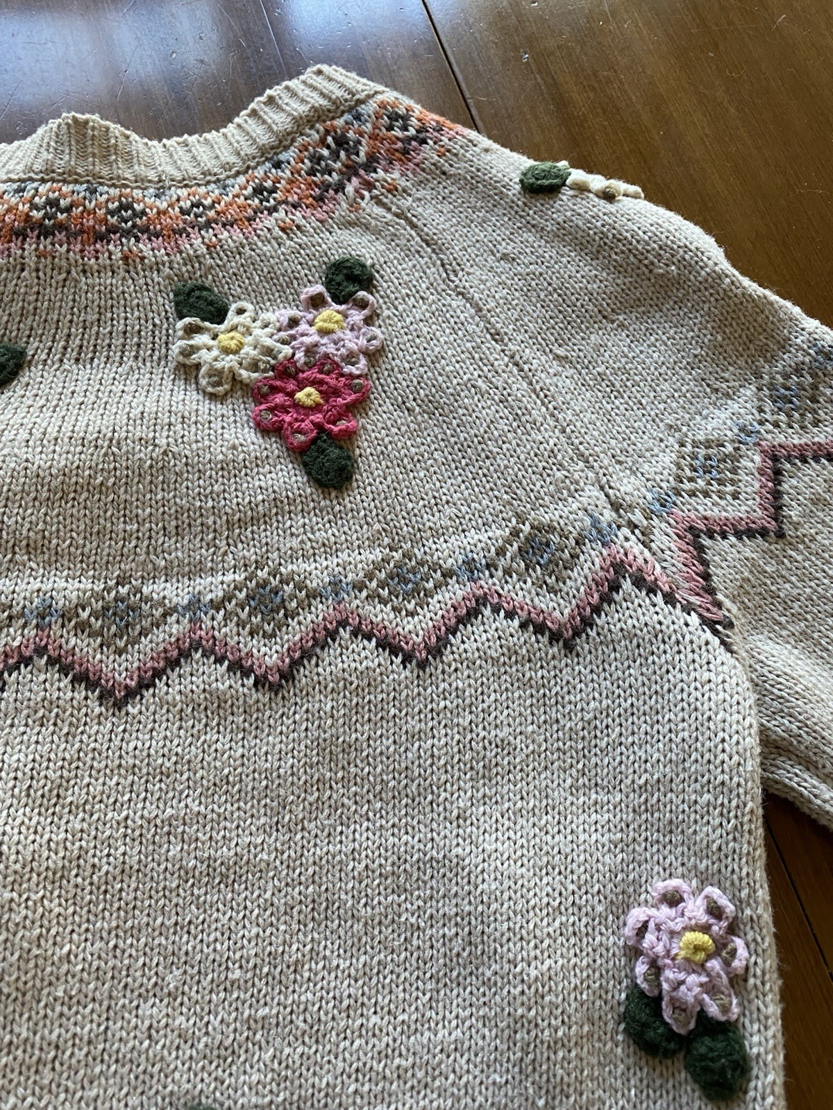 Cardigan Sweater Vintage Knitted Floral Off White Cream Color