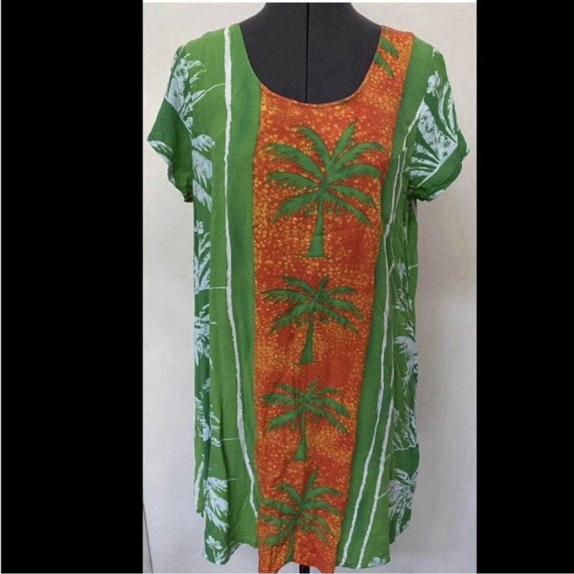 VINTAGE 1980s JAMS WORLD LIGHTWEIGHT RAYON SUN DRESS GREEN ORANGE PALM POCKETS L