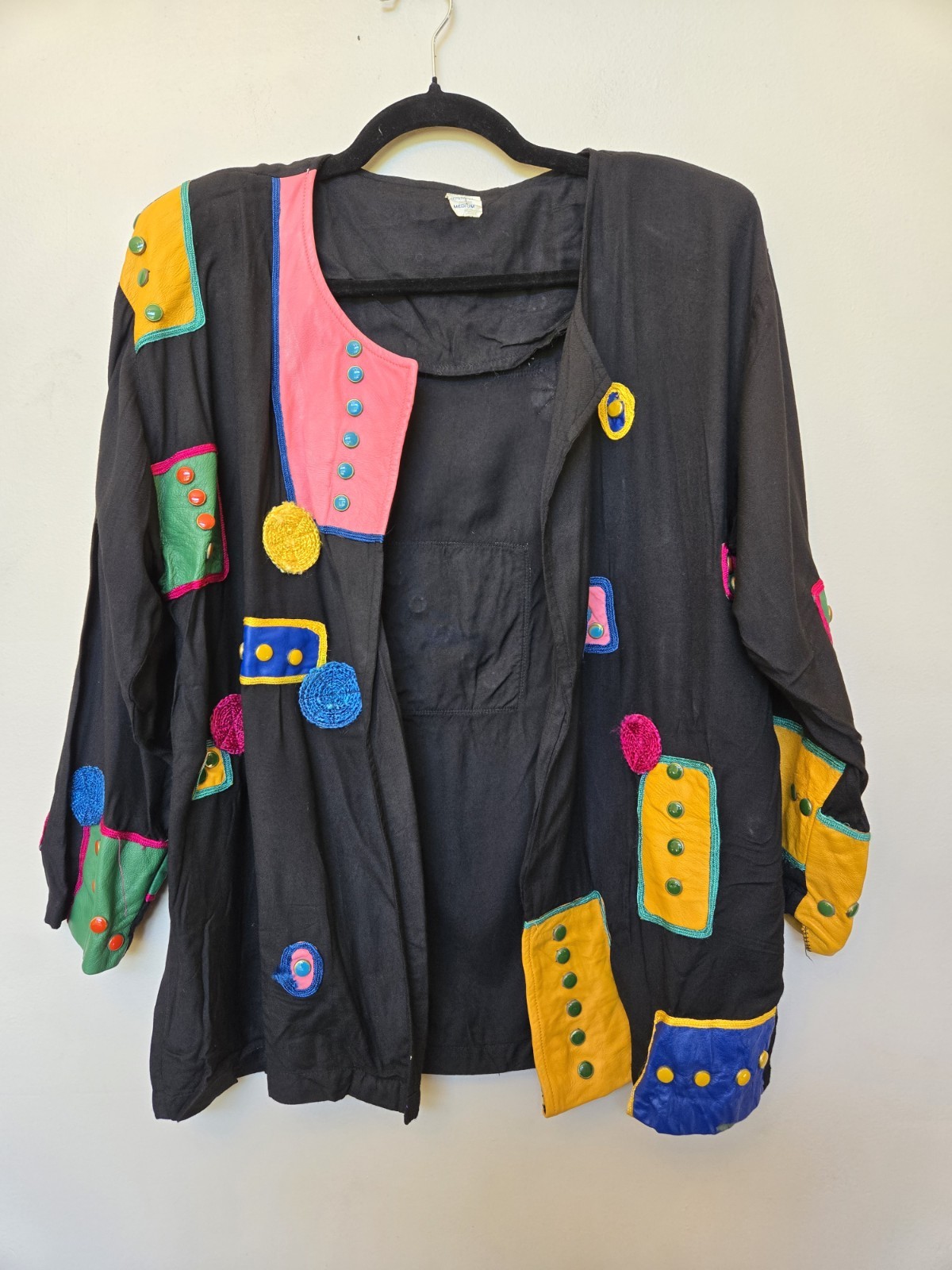 Vintage 80s 90s Womens Outfit Sz M Leather Patch Work Art To Wear Hippie Loose