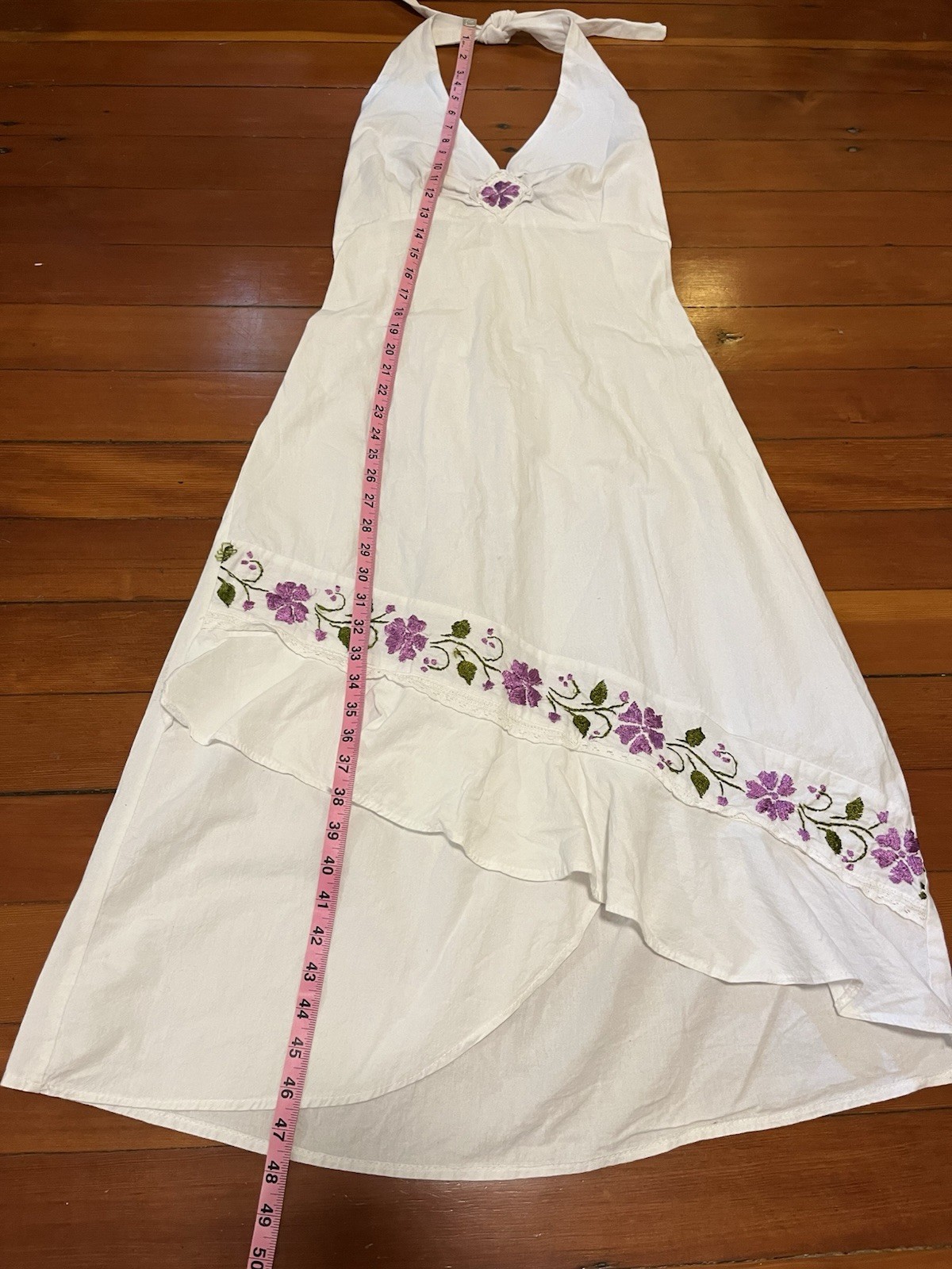 Vintage 1970s Mexican White Cotton Purple Flower Embroidered Halter Dress 70s