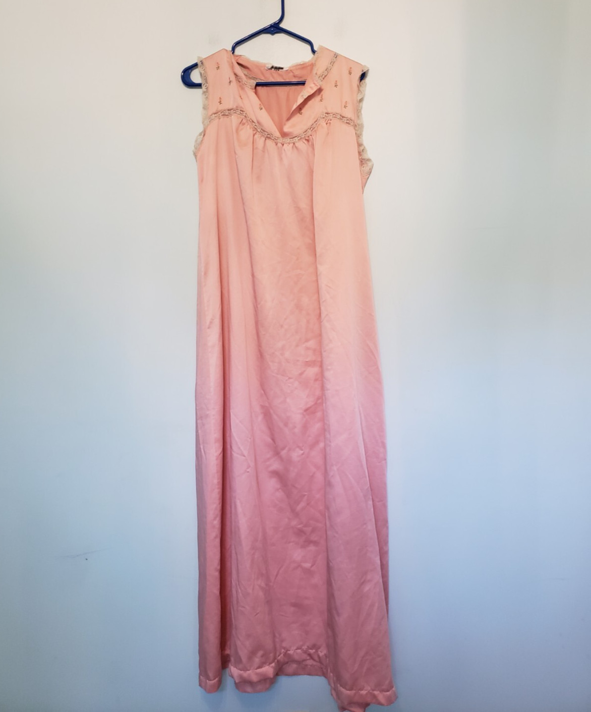 VTG Eve Stillman I Magnin Womens M Nightgown Maxi Lace Pink Floral Satin FLAW
