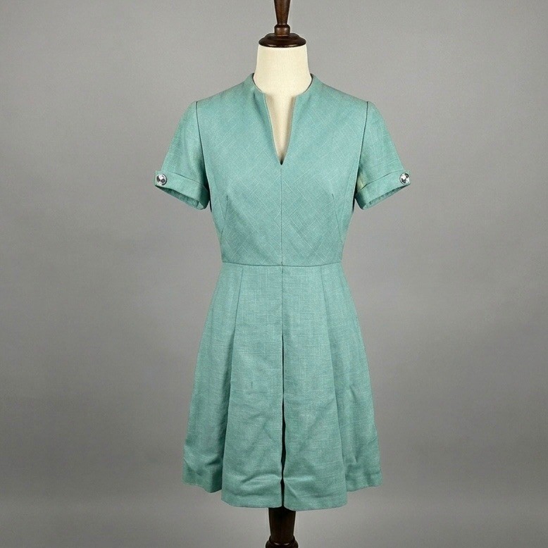 Vintage Rona New York Blue Textured Short Sleeve Pleated Mod Dress V-Neck